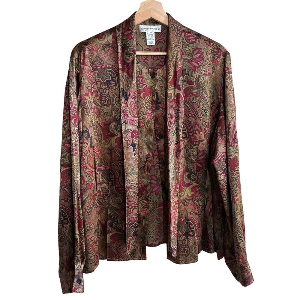 Evan-Picone Paisley Silk Blouse 18 Multicolor Women Long Sleeve 100% Silk